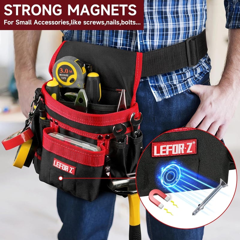 LEFORZ Tool Belt,Magnetic Tool Pouch,14-Pockets Tool Belts for Men,Detachable & Adjustable Tool Pouch Belt for Electrician,Carpenter,Construction,Work Apron,Utility Belt,Black-Red - Image 3